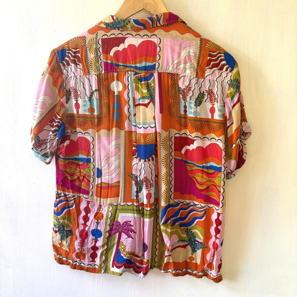 Maeve Anthropologie Bon Voyage Button Down‎ Short Sleeve Colorful Print Top Med - Picture 8 of 13